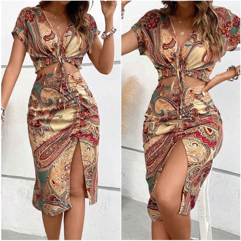 Boho Paisley Print Cropped Top Midi Skirt Set S M L XL